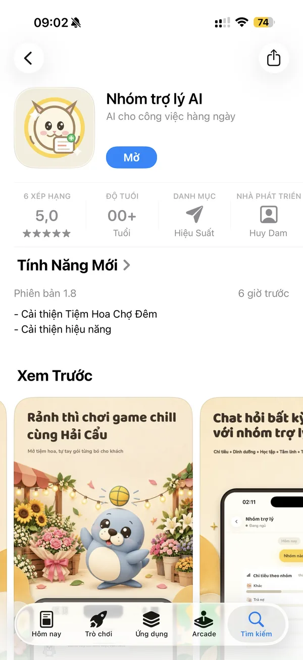 Trang Nhóm trợ lý AI trên App Store, ảnh xem trước có game Tiệm Hoa Chợ Đêm