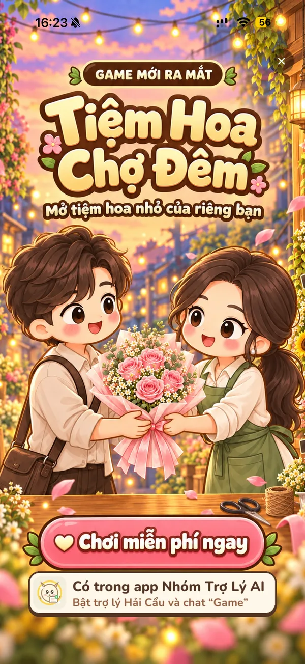 Màn mời chơi Tiệm Hoa Chợ Đêm trong app, có nút Chơi miễn phí ngay