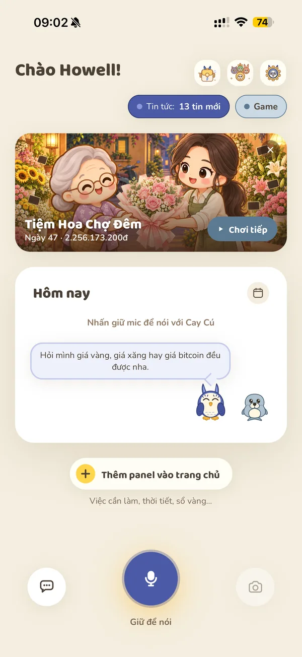 Trang chủ app có ô Tiệm Hoa Chợ Đêm ghi Ngày 47 và nút Chơi tiếp